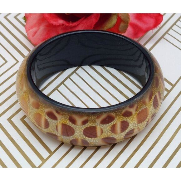Vintage Clear Lucite Foil Back Chunky Bangle Bracelet Brown Gold Spoted Design - Picture 5 of 7